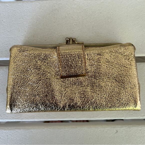 Vintage Billpak gold lame clutch wallet clear vinyl pocket kisslock metallic - Picture 1 of 6